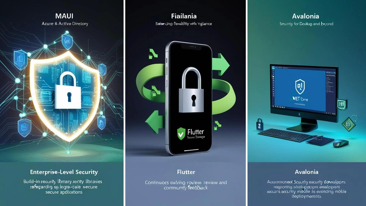Security comparison of MAUI, Flutter, and Avalonia in 2025, highlighting MAUI’s enterprise-grade Azure Active Directory integration, Flutter’s secure storage solutions, and Avalonia’s .NET Core security for desktop and mobile. Essential insights for developers prioritizing app security. CodeAutomation.ai