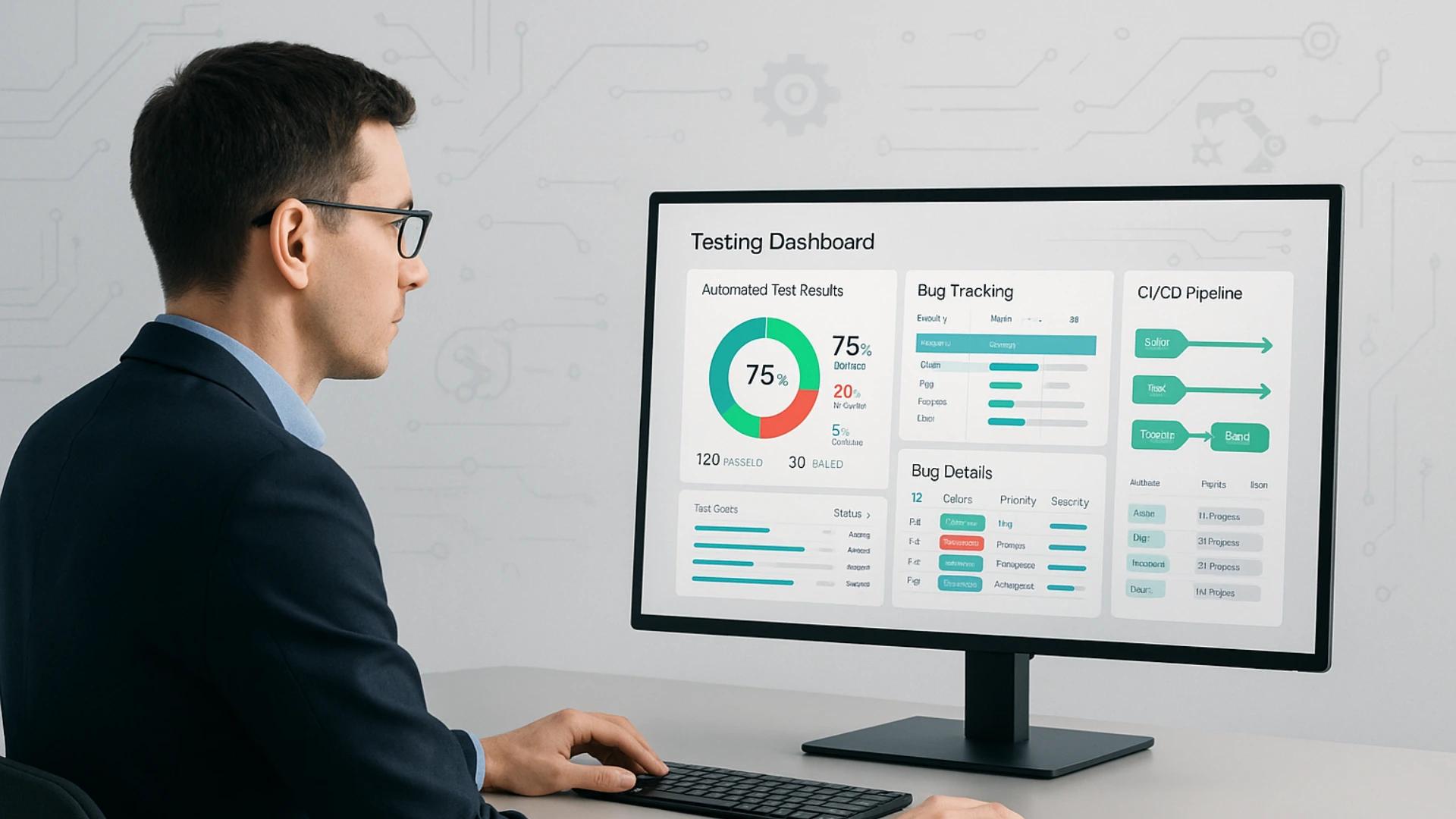 QA automation engineer reviewing automated test results, bug tracking, and CI/CD pipeline on a testing dashboard, demonstrating the importance of data-driven decision-making in the QA automation process.