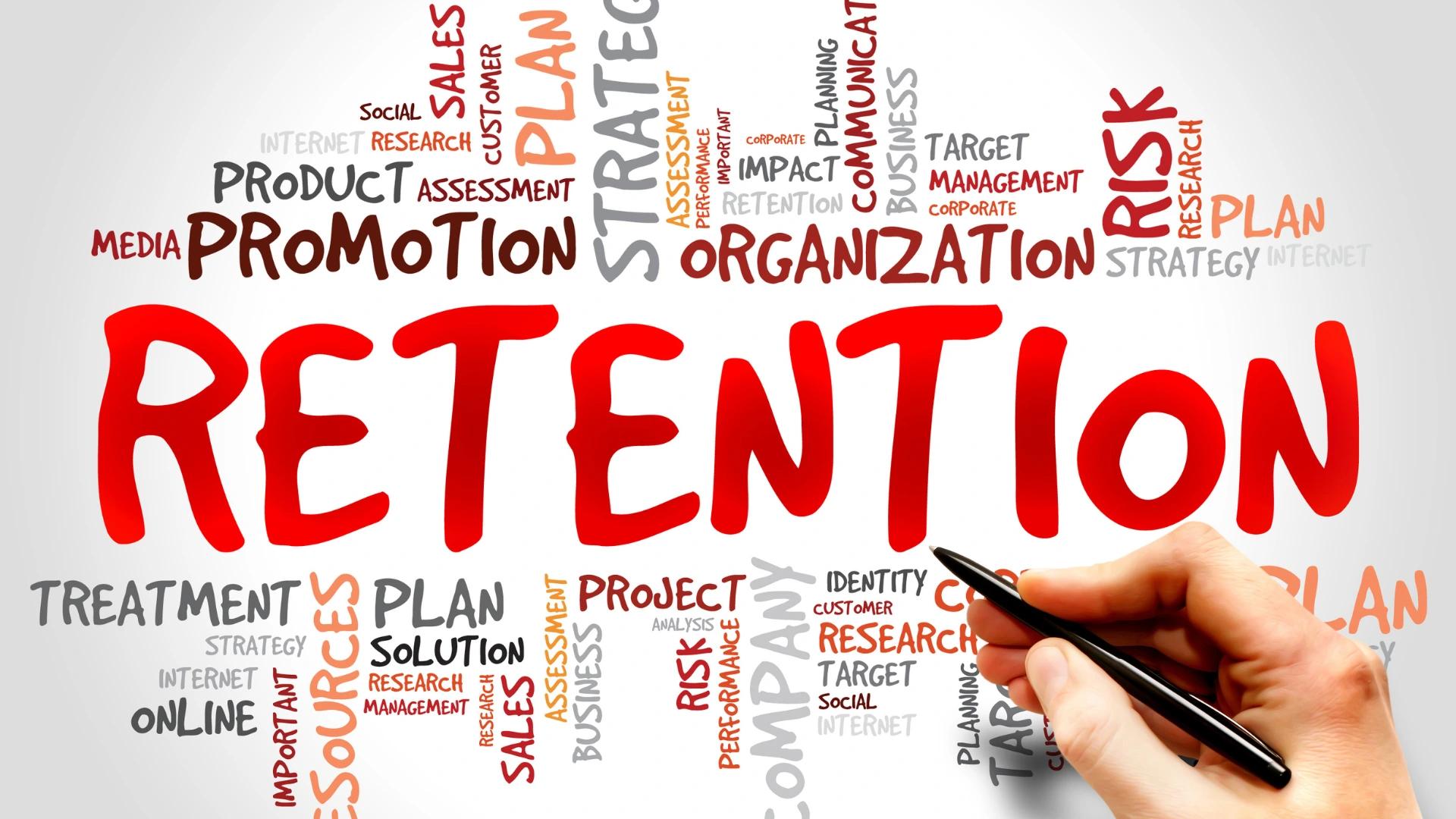 Hand writing on a word cloud centered around 'RETENTION', highlighting key concepts like strategy, planning, and research at https://codeautomation.ai/