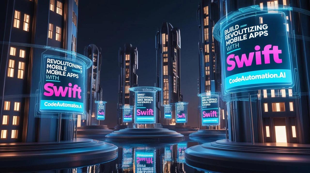 Futuristic cityscape highlighting CodeAutomation.ai Swift expertise, empowering businesses to revolutionize mobile apps and build their future in Swift.