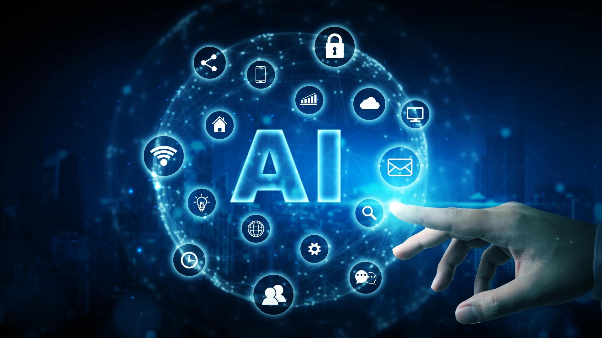 Hand interacting with a digital network of icons representing AI technology and connected systems, highlighting AI innovation at https://codeautomation.ai/