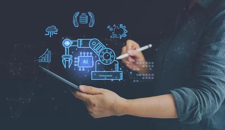 Person using a tablet with a digital display featuring AI, automation, and data icons, symbolizing Zoho automation services. CodeAutomation.ai provides AI-driven workflow automation, Zoho CRM integration, and custom app development.