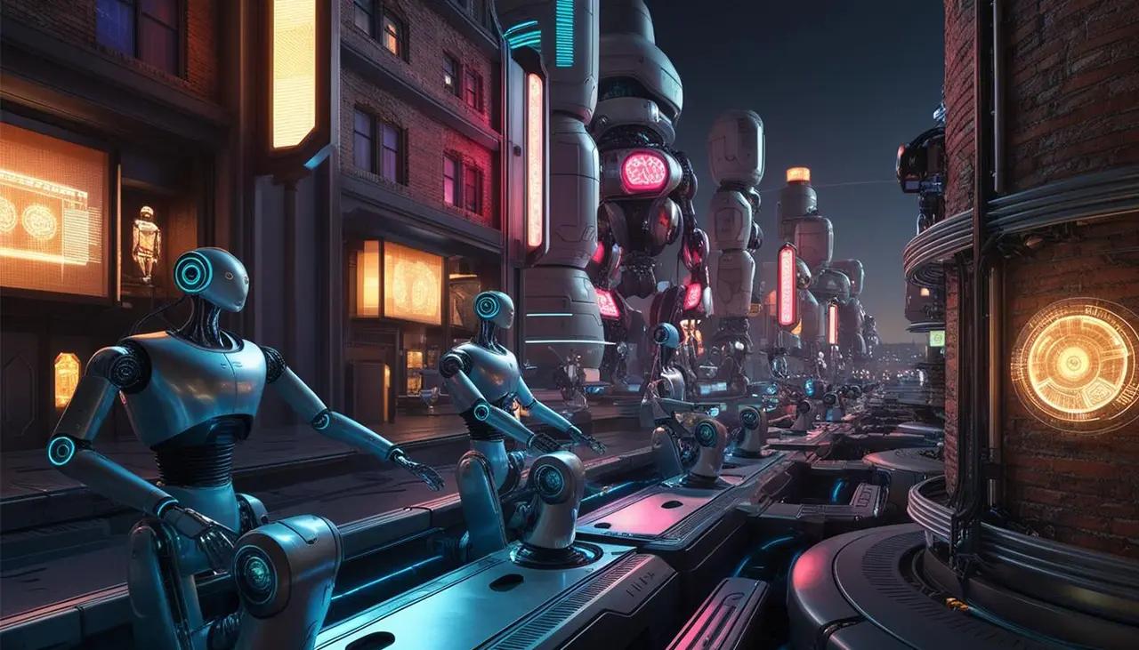 Futuristic assembly line of robots showcasing CodeAutomation.ai intelligent automation solutions, empowering businesses to automate the future today.