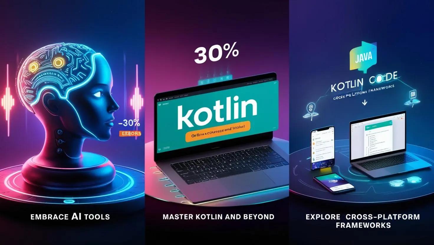 Infographic illustrating three steps to future-proof Android development skills in 2025 under 'Top IDEs Every Android Developer Should Use in 2025': Embrace AI tools (30% error reduction), master Kotlin over Java, and explore cross-platform frameworks like Flutter.