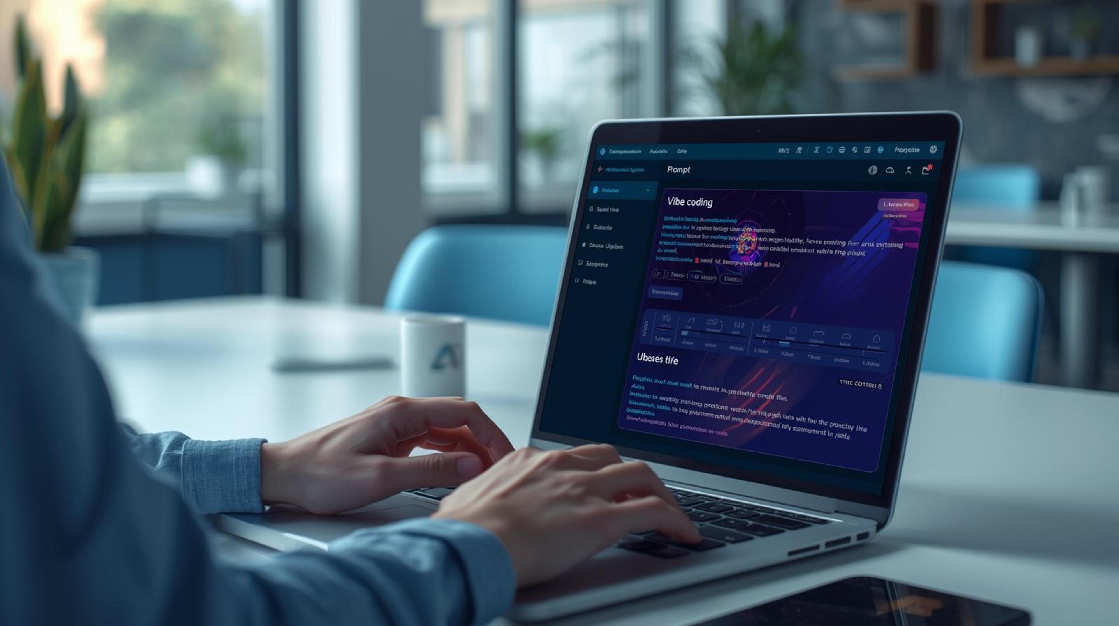 A realistic workspace scene showing a person using an AI powered laptop interface to adjust tone, style, and prompt settings that demonstrate how vibe coding works in modern AI workflows. The visual reflects practical AI use and the professional approach followed at CodeAutomation. Learn more at https://codeautomation.ai