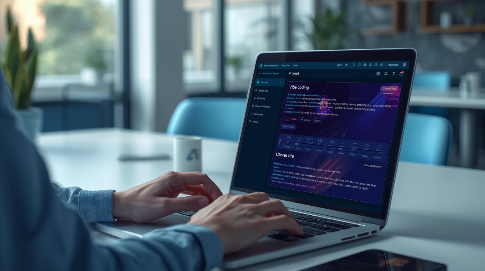 A realistic workspace scene showing a person using an AI powered laptop interface to adjust tone, style, and prompt settings that demonstrate how vibe coding works in modern AI workflows. The visual reflects practical AI use and the professional approach followed at CodeAutomation. Learn more at https://codeautomation.ai