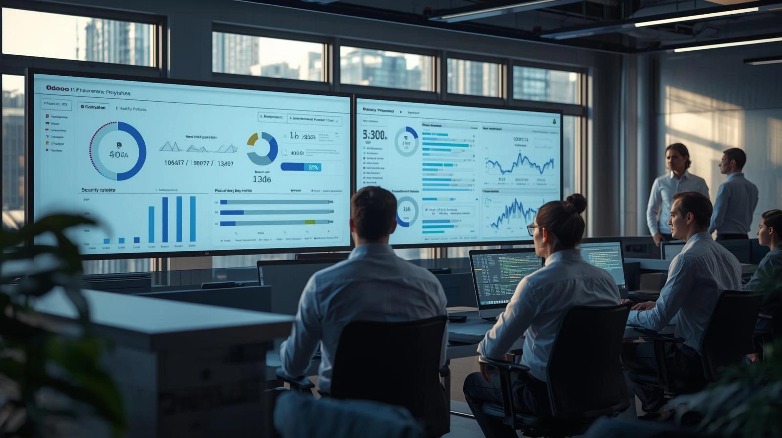 IT and business teams monitor Odoo ERP performance, security updates, and cloud system health on screen, showing how CodeAutomation provides ongoing Odoo ERP support, optimization, and maintenance to keep business operations stable, secure, and running smoothly over time.