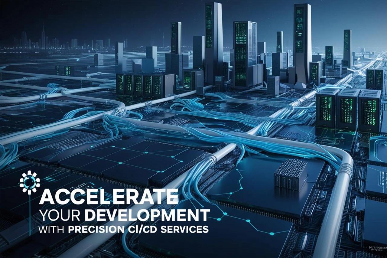High-tech digital infrastructure representing CodeAutomation.ai expertise in precision CI/CD services to accelerate software development, ensuring faster and more reliable releases.