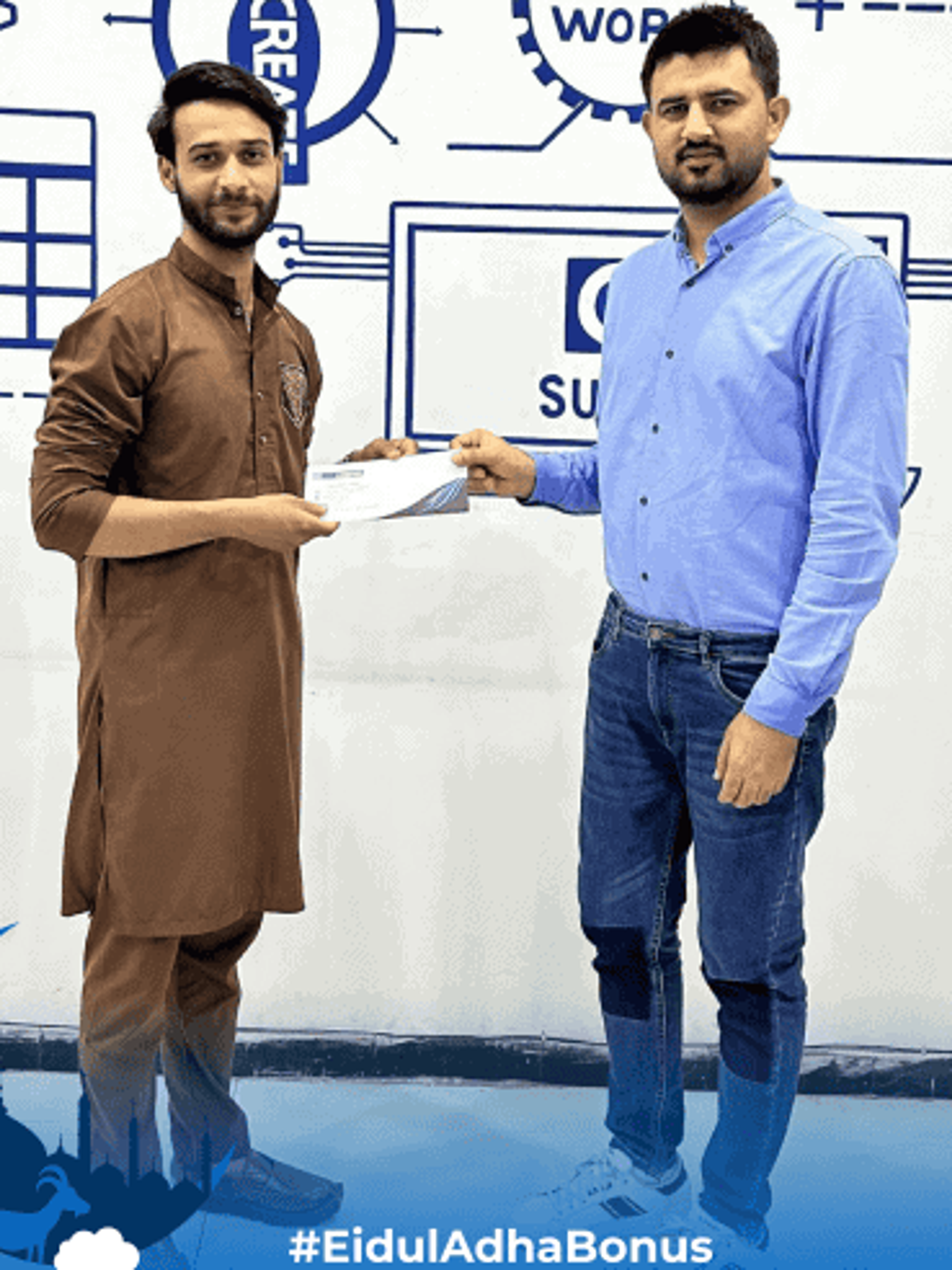 Team Lead Farhan Ghaffar awarding a cash prize to an employee at a CodeAutomation event, showcasing the company's recognition culture.
