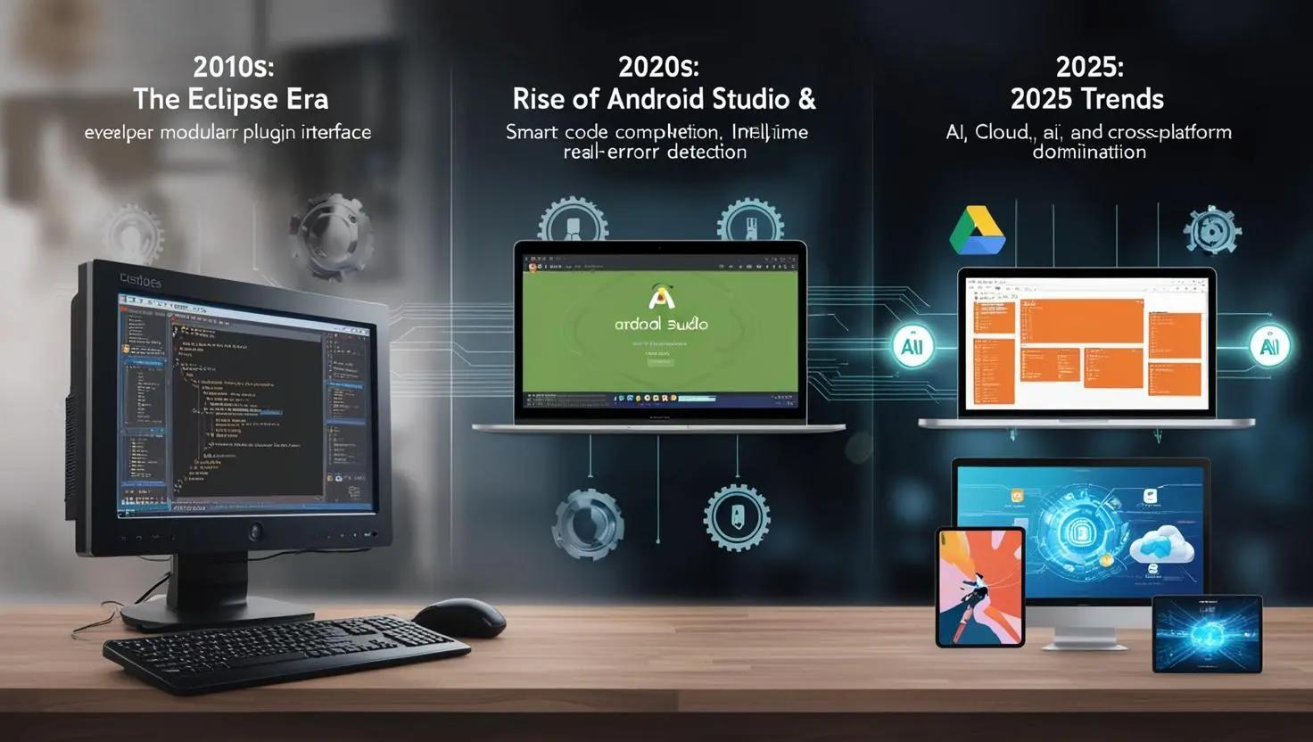 Visual representation of the evolution of Android IDEs from Eclipse to AI-driven tools in 2025, highlighting key advancements like AI assistance, cloud-based development, and Kotlin optimization.