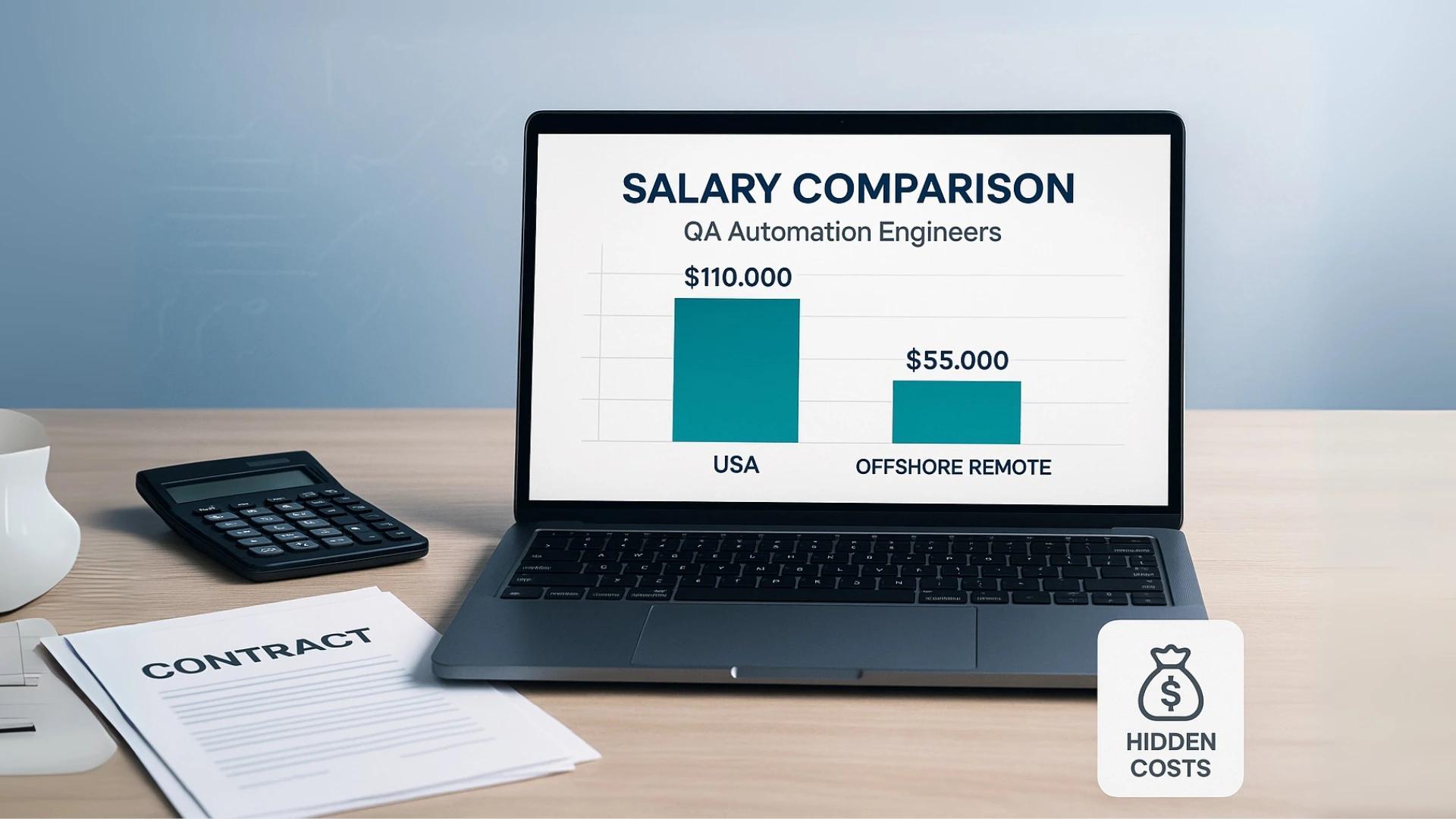 Salary comparison for QA automation engineers: $110,000 for USA-based roles versus $55,000 for offshore remote positions, highlighting the cost differences with a 'hidden costs' label.