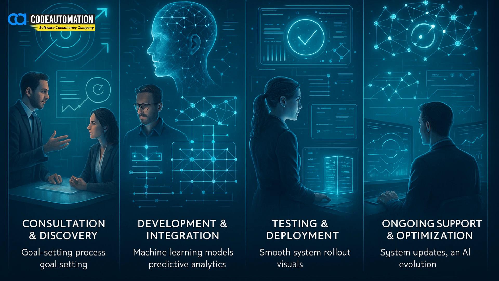 Illustration of CodeAutomation.ai’s AI Software Development Process showing consultation, development, testing, and ongoing optimization, reflecting how an AI Software Development Company provides reliable AI Software Development Services tailored to business needs | https://codeautomation.ai/