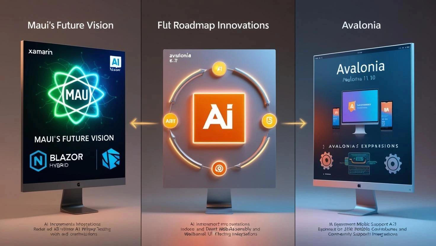 Infographic comparing MAUI, Flutter, and Avalonia roadmaps in 2025, highlighting MAUI’s AI-driven UI testing, Flutter’s WebAssembly advancements, and Avalonia’s desktop expansion. A must-read for developers choosing the right cross-platform framework. CodeAutomation.ai