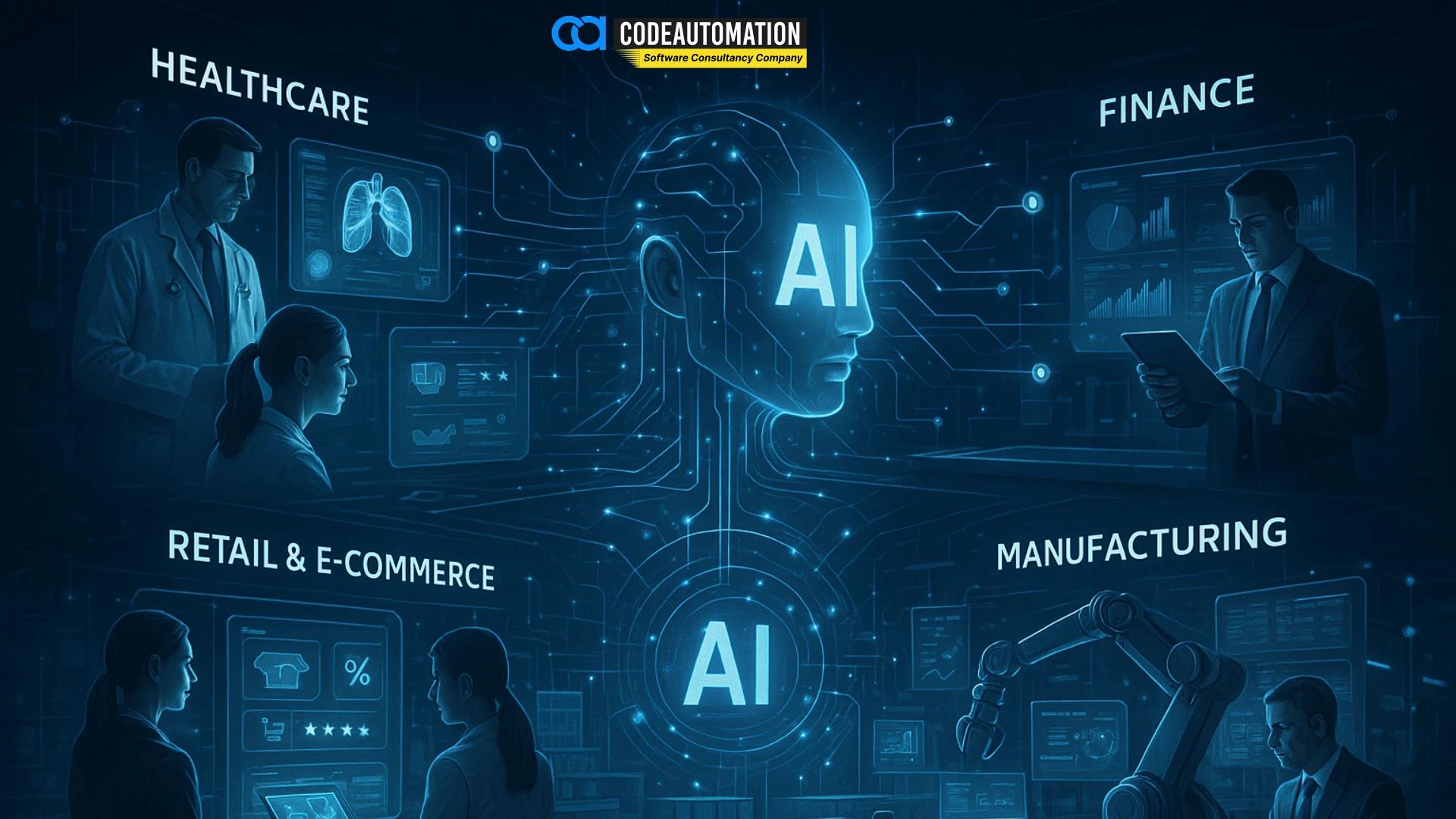 Illustration of AI transforming industries including healthcare, finance, retail, and manufacturing, showing how CodeAutomation.ai as an AI Software Development Company delivers AI Software Development Services that optimize operations and enhance decision-making | https://codeautomation.ai/