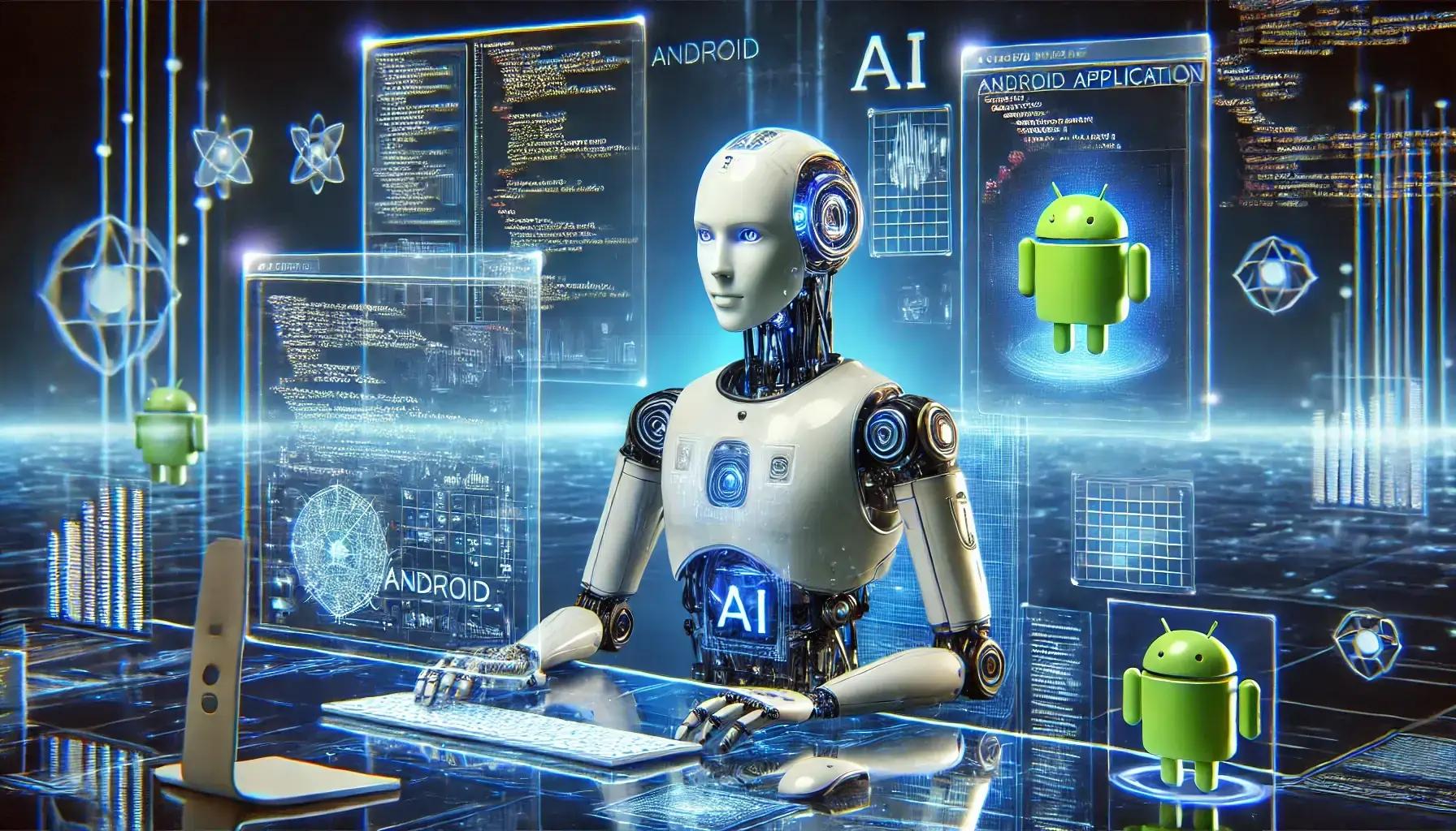 Futuristic AI robot programming an Android app, showcasing advanced Android App Development technology.
