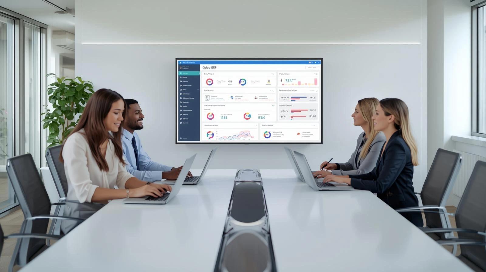 Business leaders meeting with CodeAutomation consultants to review Odoo ERP dashboards and workflows, showing how CodeAutomation provides affordable, high-quality Odoo ERP solutions, consulting, and custom development that help businesses plan growth, control costs, and use Odoo effectively.