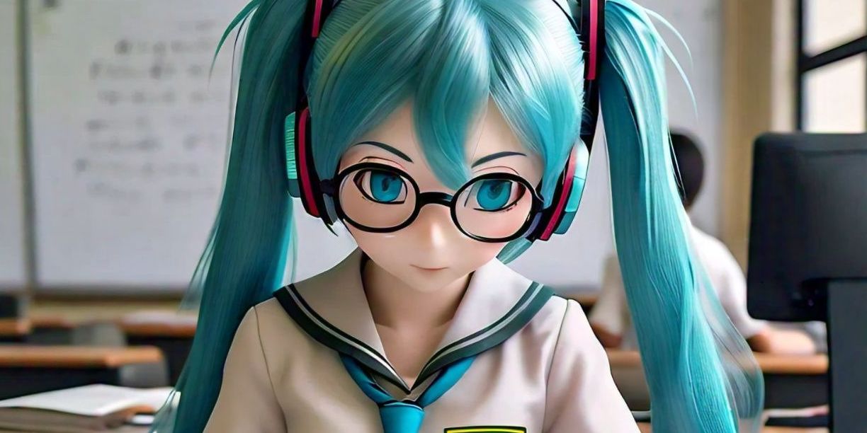 Miku wearing glasses and headphones is reading a book in a classroom .