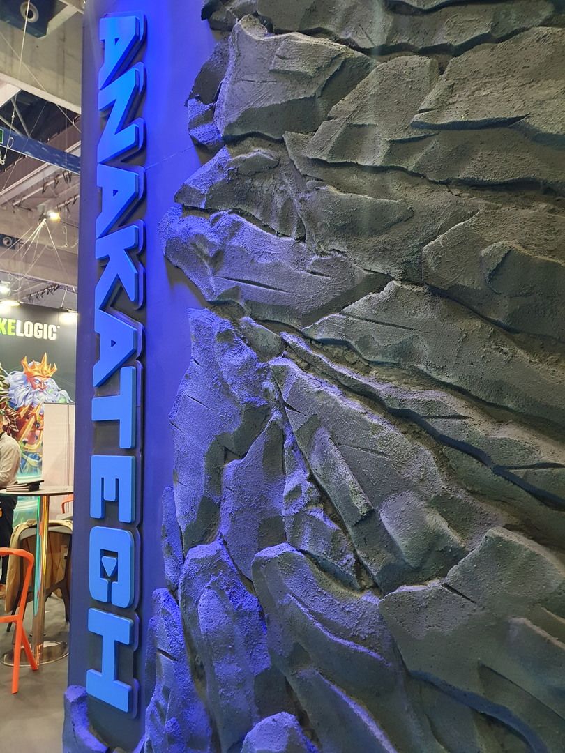 Close-up of artificial rock textures and relief under blue lighting