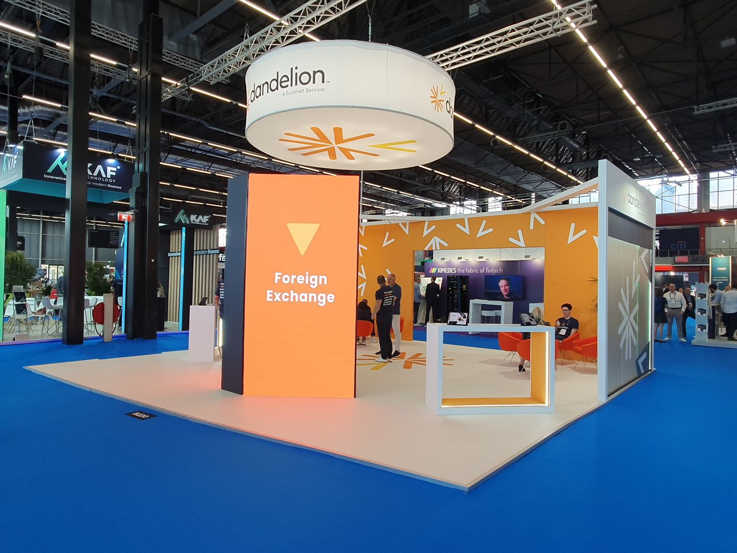 View of the Dandelion stand at RAI Amsterdam with vertical screens and open meeting space