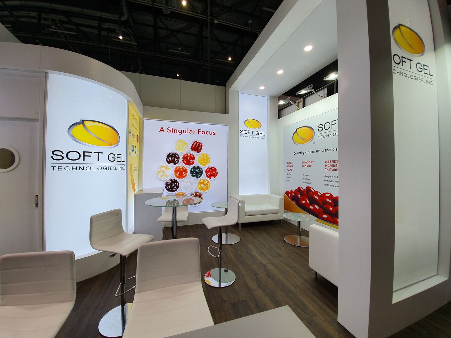 Technical panels and seating inside the stand — SoftGel Technologies · Vitafoods