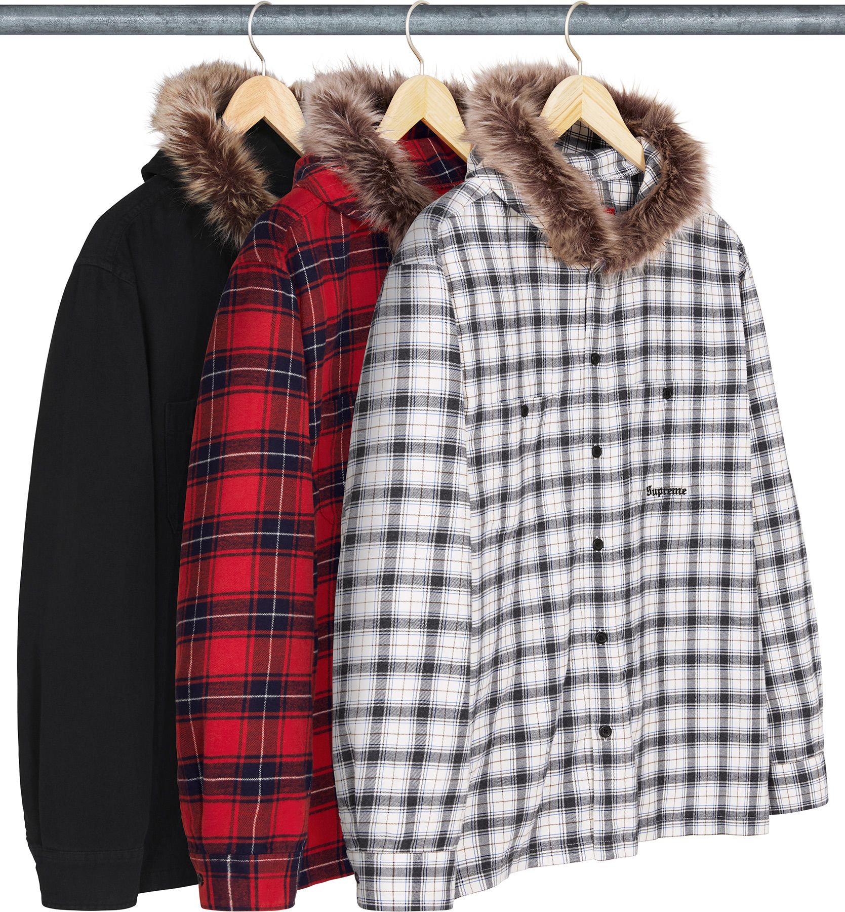 トップス Supreme Fur Trim Flannel Hooded Shirt Supreme Fur Trim Flannel Hooded Shirt White Plaid Men's