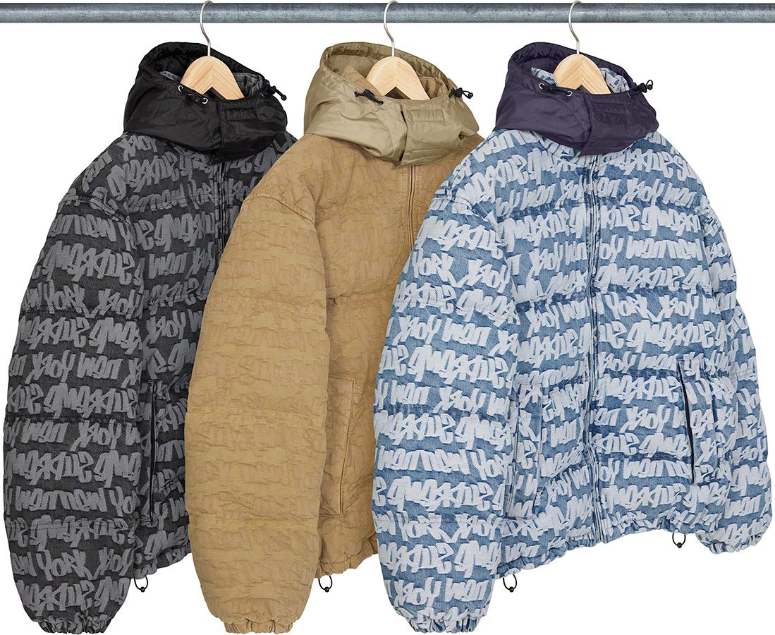 ジャケット・アウター Supreme Fat Tip Jacquard Denim Puffer M Supreme Fat Tip Jacquard Denim Puffer Jacket Blue Men's