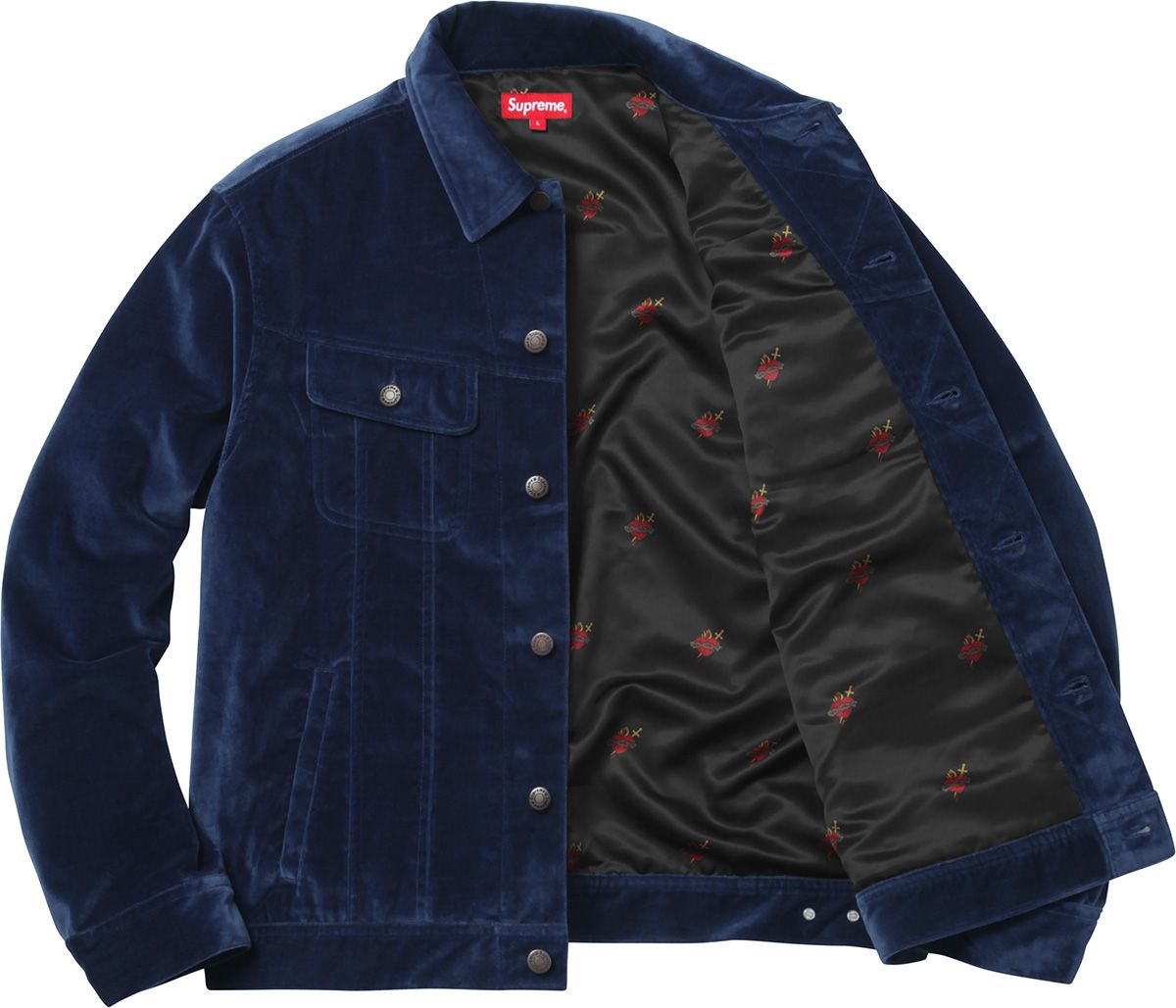 ジャケット・アウター Supreme velvet trucker jacket M Supreme Velvet Trucker Jacket NAVY Sacred Hearts (FW17) Men's Size