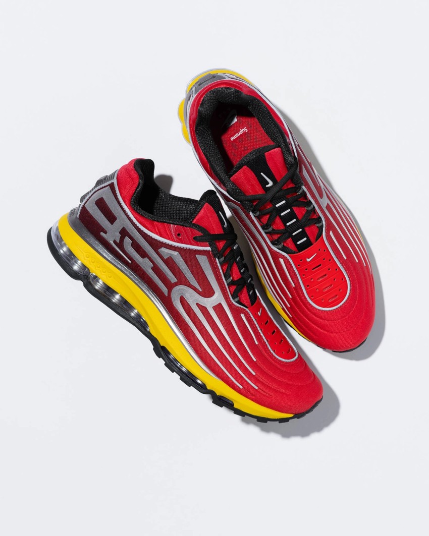 Supreme x Nike Air Max 2001 Air Ecstasy red and yellow colourway lateral view showing silver overlays and Air units
