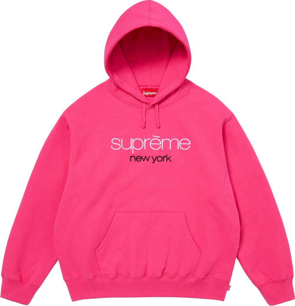 Supreme Classic Logo Hooded Sweatshirt in pink, brushed-back fleece with an embroidered chest logo and kangaroo pocket