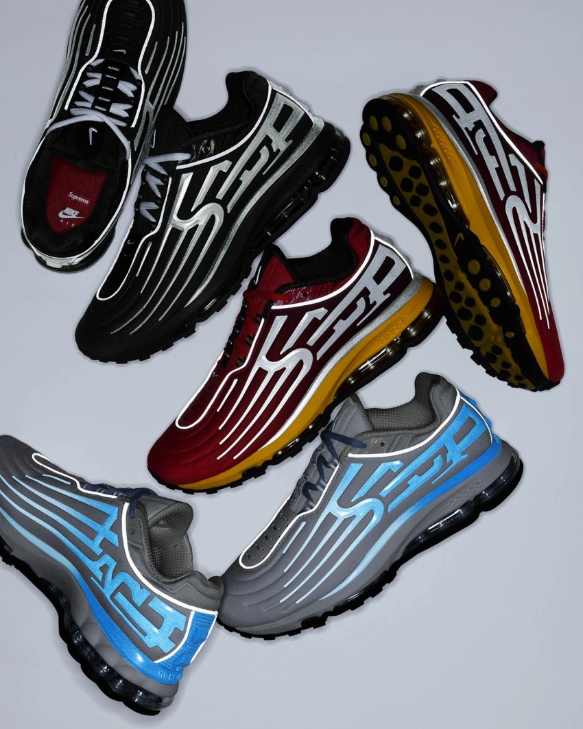 Supreme x Nike Air Max 2001 Air Ecstasy FW26 hero image showing quilted mesh upper 3M reflective TPU logos and Phylon midsole with transparent air bags