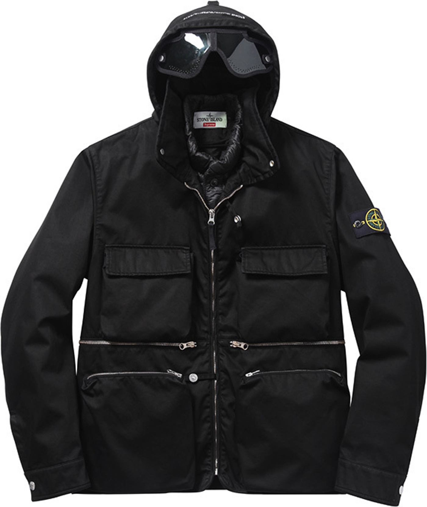 Raso Gommato Cover Nero Jacket 
Wind and water-resistant cotton with removable down liner. Removable eye mask with stow away hood.<br>
Made by Stone Island<br> (19/36)