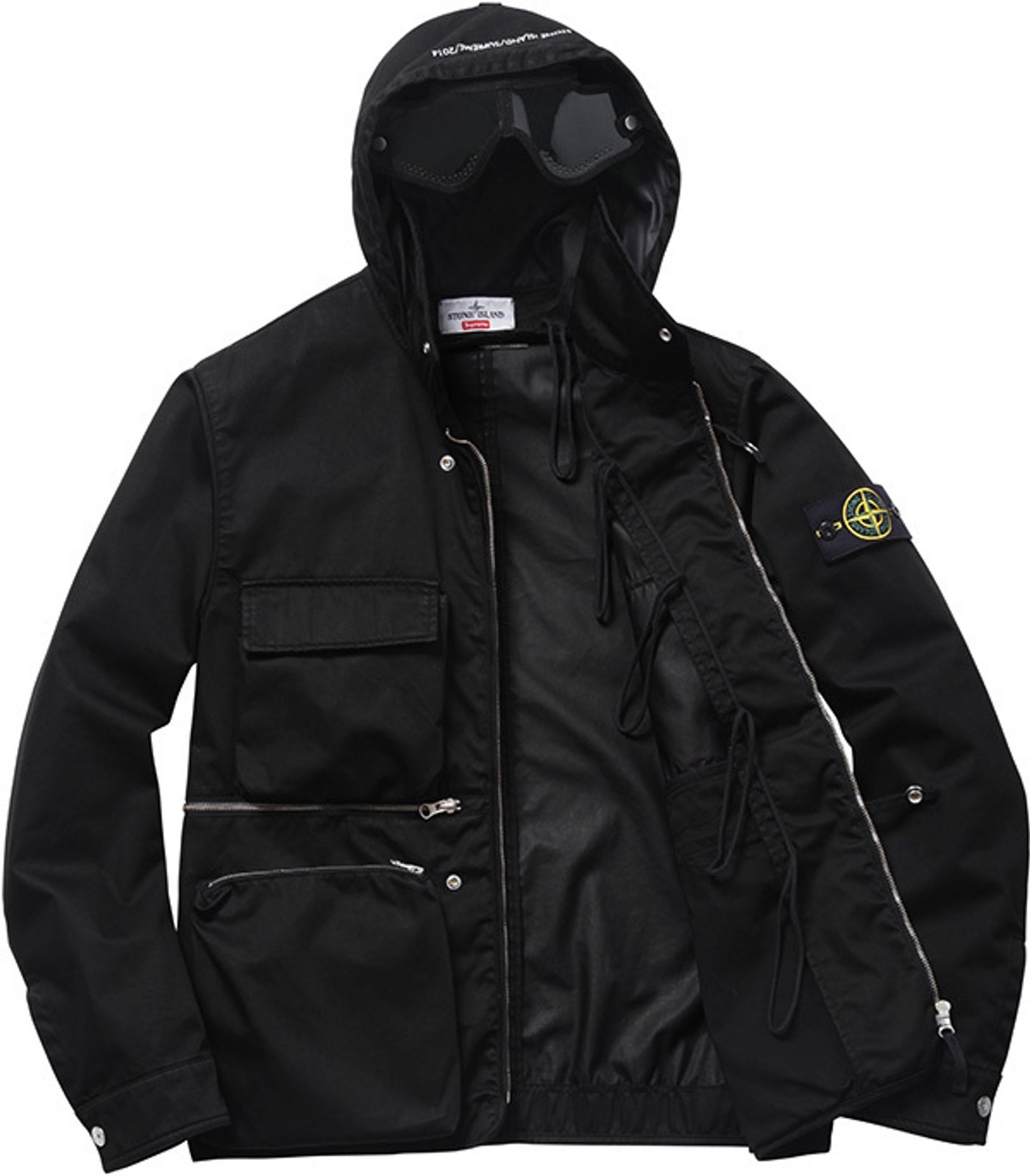 Raso Gommato Cover Nero Jacket 
Wind and water-resistant cotton with removable down liner. Removable eye mask with stow away hood.<br>
Made by Stone Island<br> (21/36)