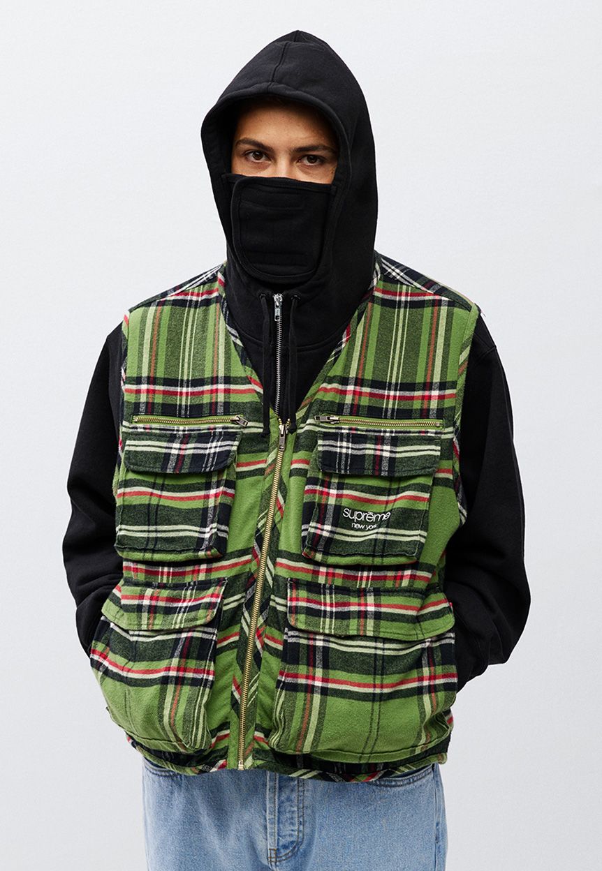 Tartan Flannel Cargo Vest, Small Box Facemask Zip Up Hooded Sweatshirt, Small Box Tee, Stone Washed Slim Jean image 17/32