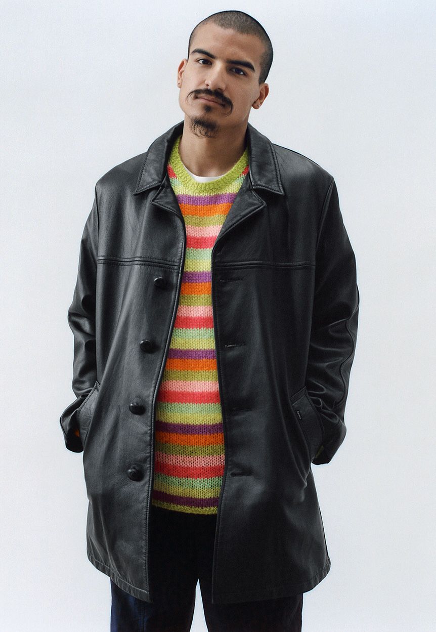 Supreme®/Schott® Leather Overcoat, Stripe Mohair Sweater, Paneled Warm Up Pant image 2/26