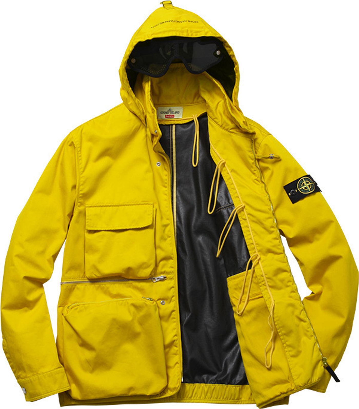 Raso Gommato Cover Nero Jacket 
Wind and water-resistant cotton with removable down liner. Removable eye mask with stow away hood.<br>
Made by Stone Island<br> (7/36)