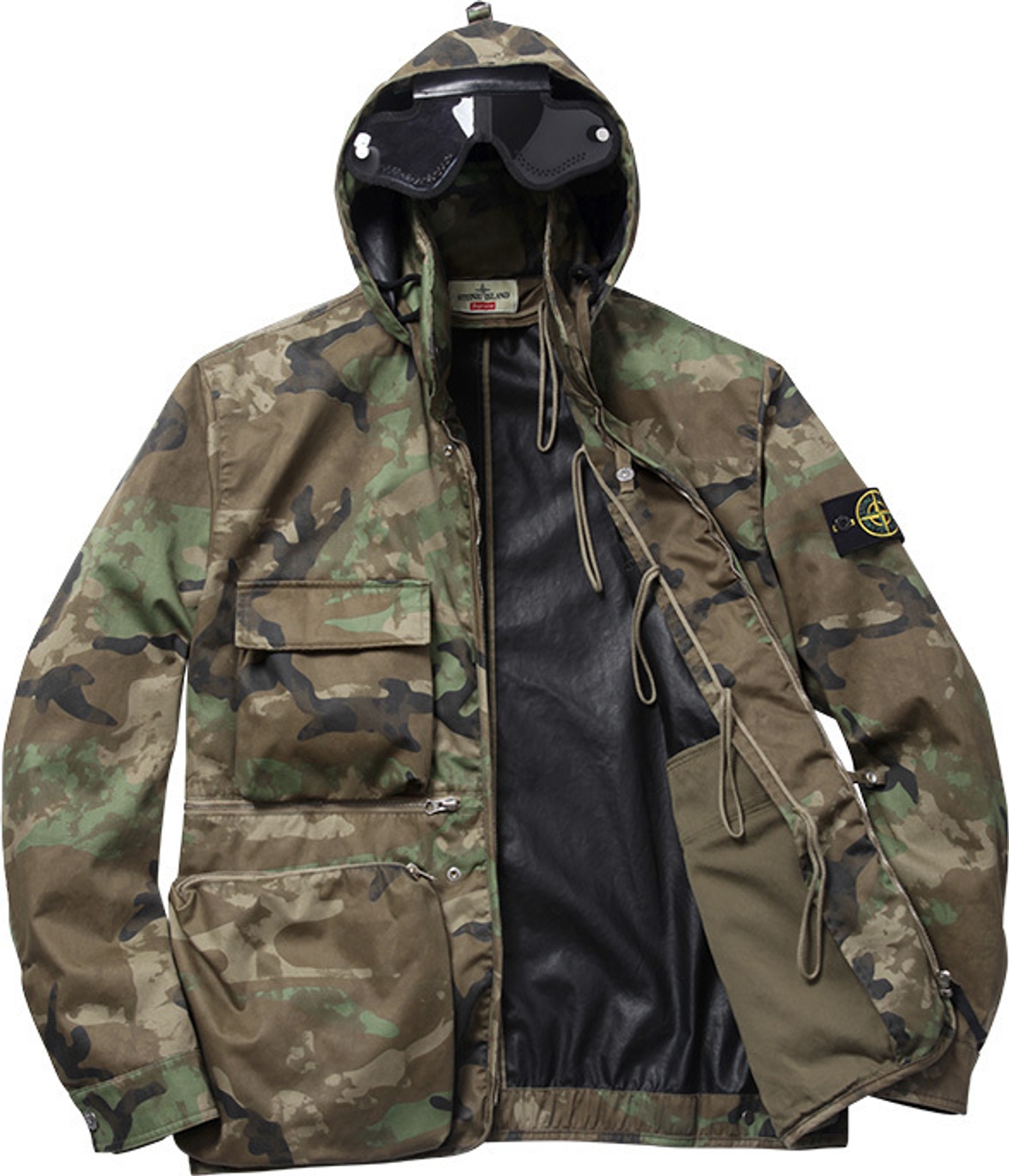 Raso Gommato Cover Nero Jacket 
Wind and water-resistant cotton with removable down liner. Removable eye mask with stow away hood.<br>
Made by Stone Island<br> (14/36)