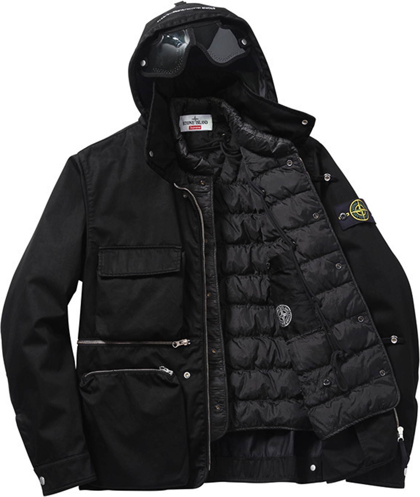 Raso Gommato Cover Nero Jacket 
Wind and water-resistant cotton with removable down liner. Removable eye mask with stow away hood.<br>
Made by Stone Island<br> (20/36)