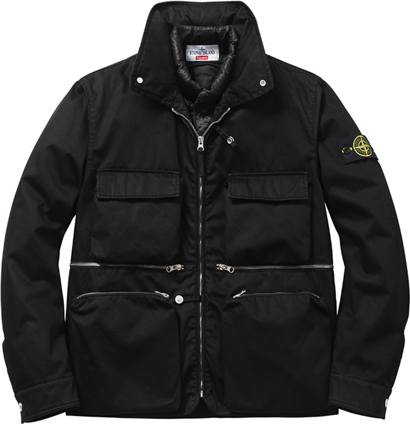 Raso Gommato Cover Nero Jacket 
Wind and water-resistant cotton with removable down liner. Removable eye mask with stow away hood.<br>
Made by Stone Island<br> (22/36)