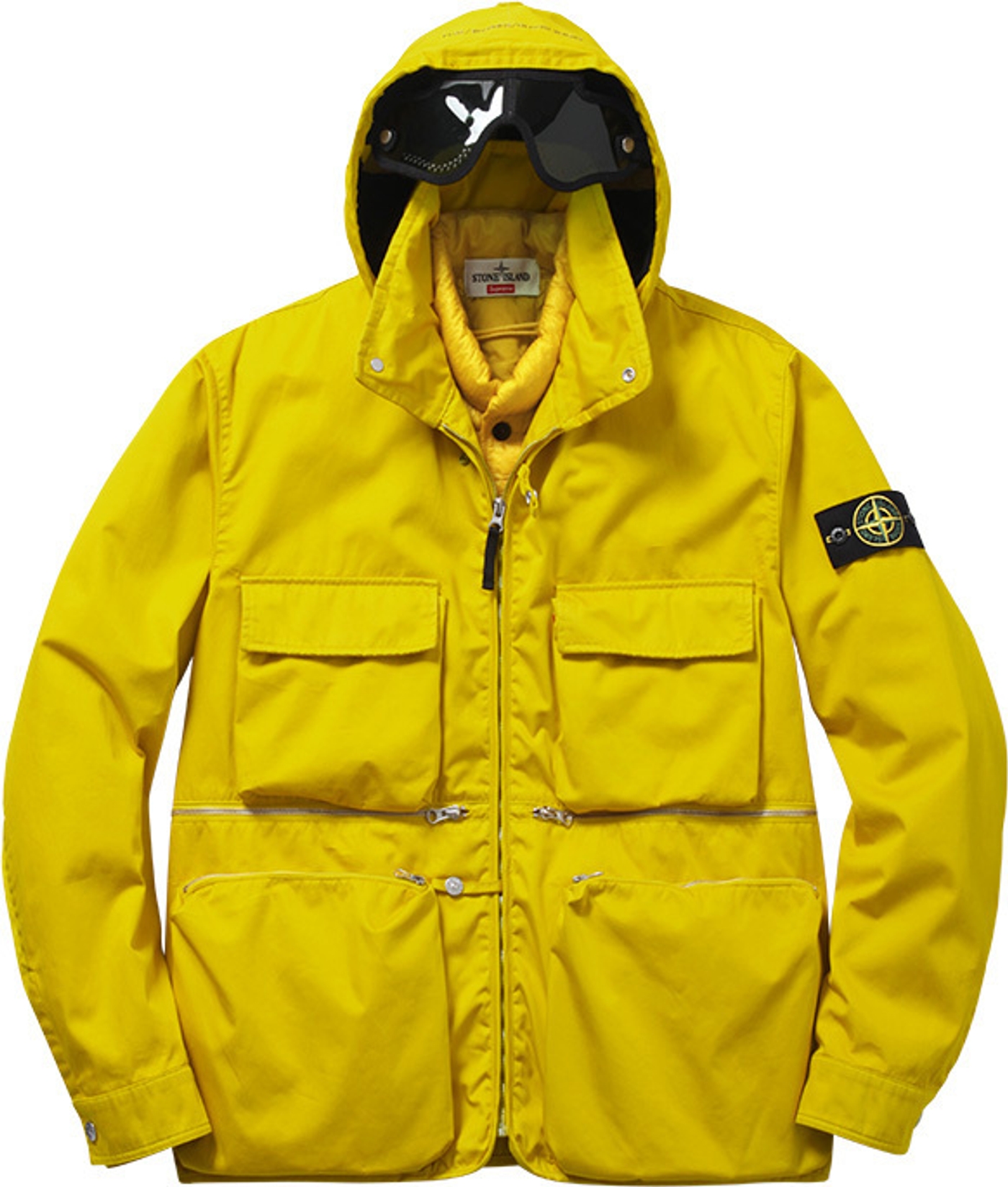 Raso Gommato Cover Nero Jacket 
Wind and water-resistant cotton with removable down liner. Removable eye mask with stow away hood.<br>
Made by Stone Island<br>
US $1,446/UK £950 (5/36)