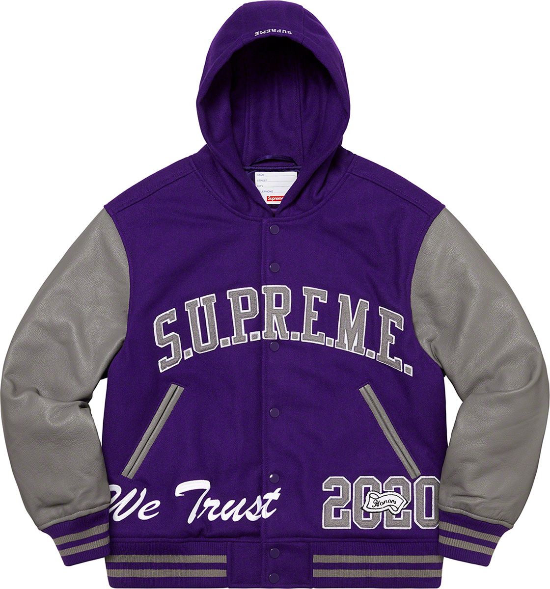 Supreme king hooded varsity jacket red sale