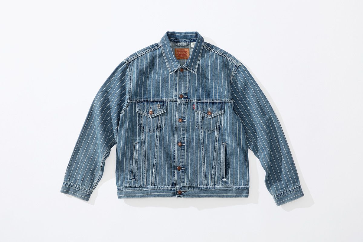 Supreme levi's pinstripe trucker jacket on sale