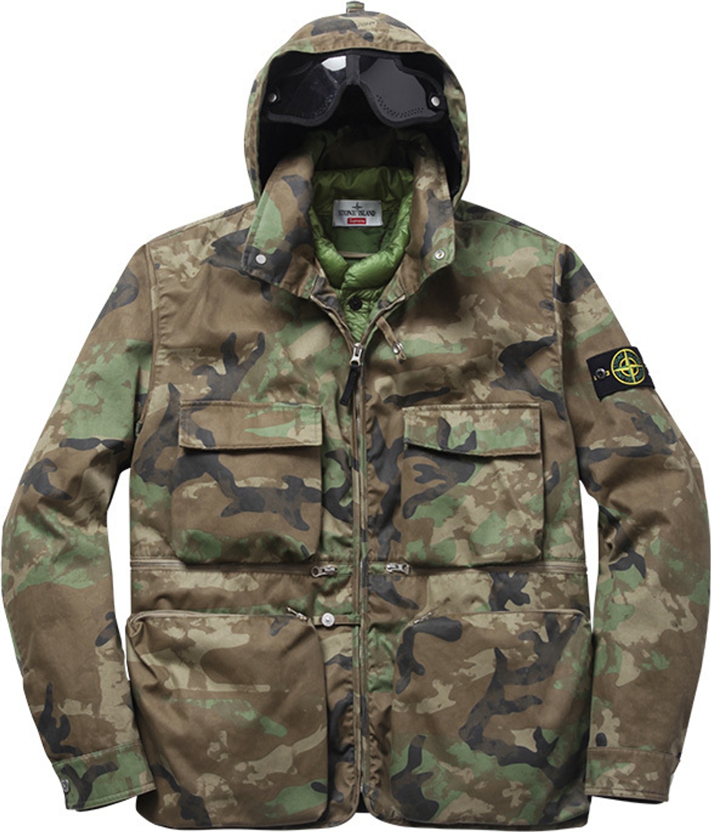 Raso Gommato Cover Nero Jacket 
Wind and water-resistant cotton with removable down liner. Removable eye mask with stow away hood.<br>
Made by Stone Island<br> (12/36)