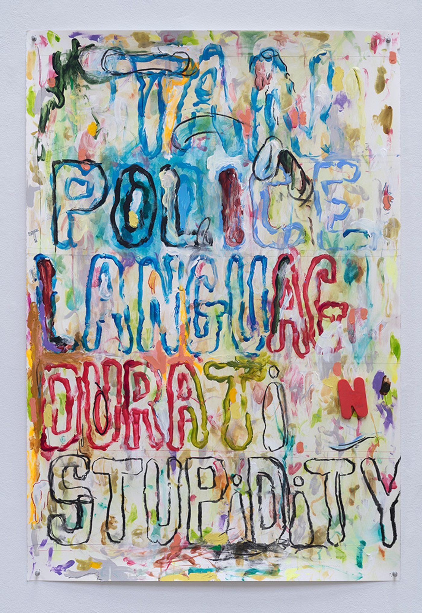 Pope.L 
<em>Tan Police</em> <br>
2018-19 <br>
Acrylic, oil, charcoal, coffee, ballpoint ink, graphite, foam letter and push pins on paper <br>
44 by 30 in. 111.8 by 76.2 cm. <br>
© Pope.L <br>
Courtesy of the artist and Mitchell-Innes & Nash, New York (4/10)