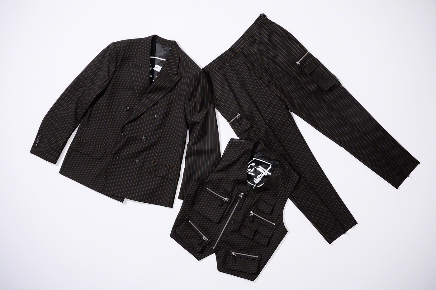 Pinstripe Double Breasted Blazer, Pinstripe Cargo Suit Vest and Pinstripe Cargo Suit Pant (40/61)