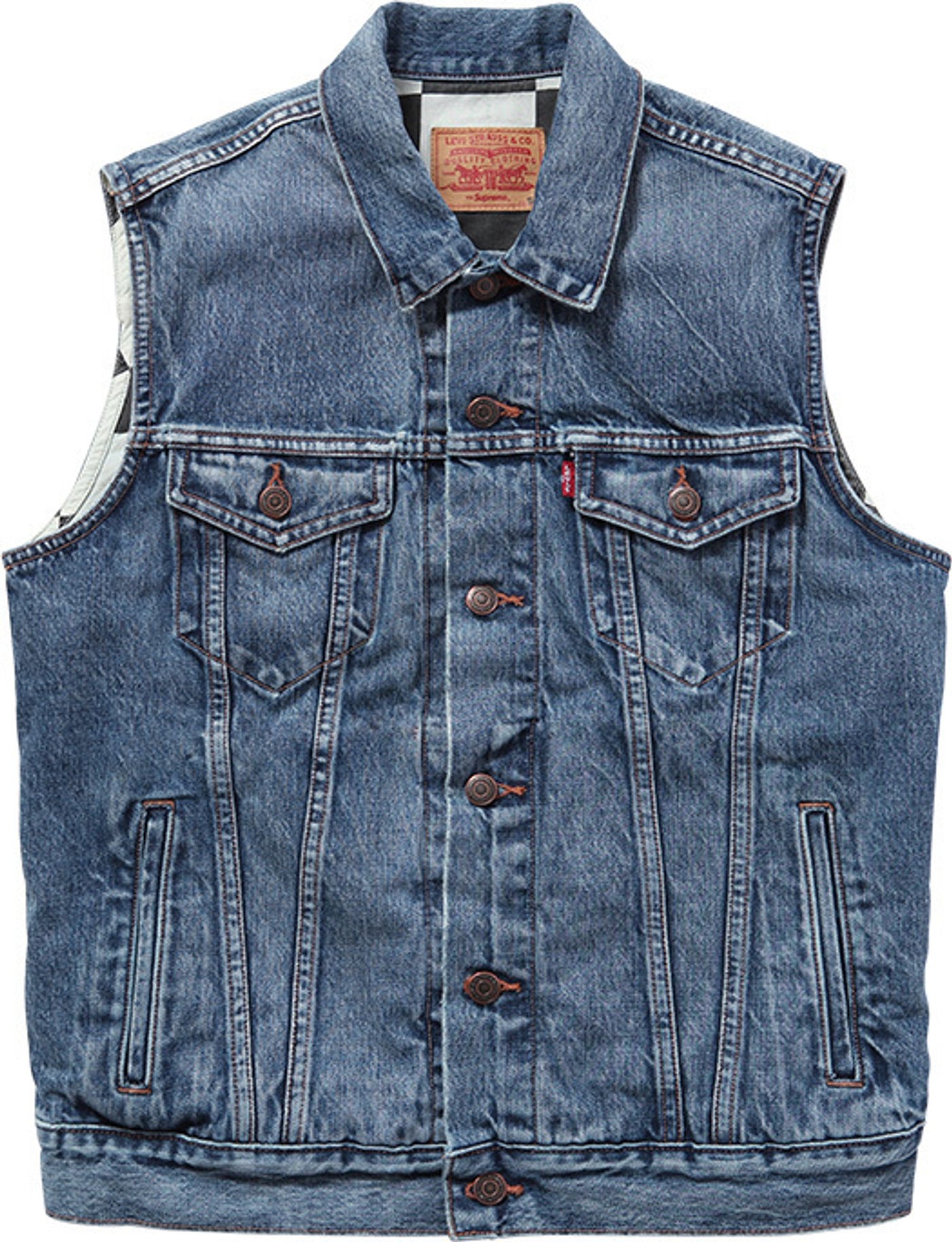 Custom fit Trucker Vest 
Cotton 13 oz. selvedge denim with cotton twill lining. <br>Made In The U.S.A. (6/9)