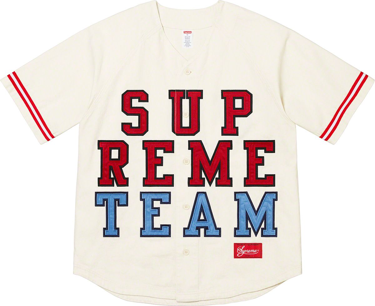 鳥人間 様Supreme Patches Baseball Jersey L. Supreme Patches Denim Baseball Jersey (SS21) - $198