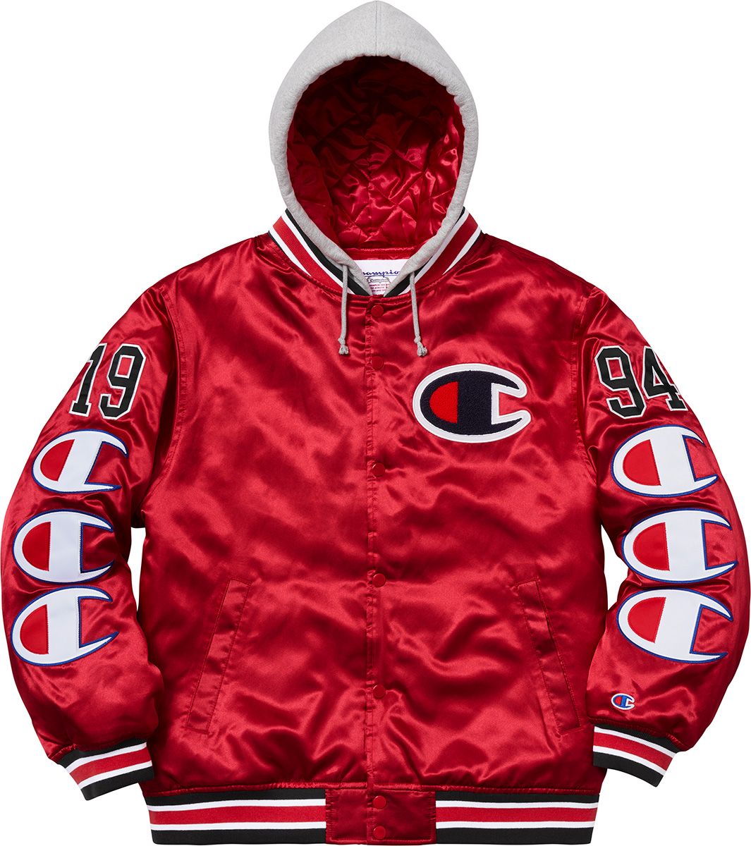 ジャケット・アウター supreme Champion Hooded Satin Jacket L Supreme x Champion Hooded Satin Varsity Jacket - Navy Blue