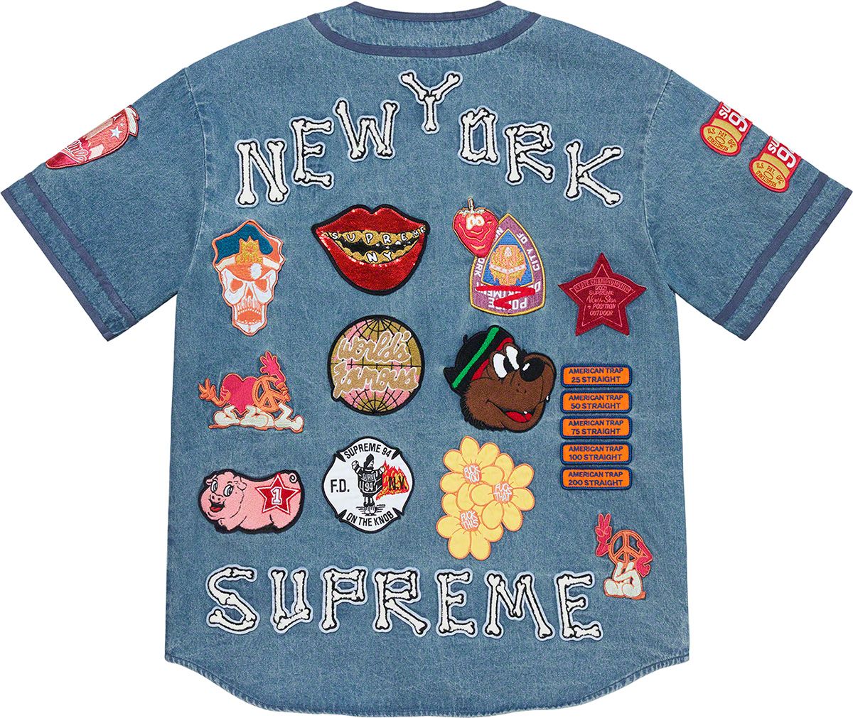 鳥人間 様Supreme Patches Baseball Jersey L. Patches Denim Baseball Jersey – Supreme