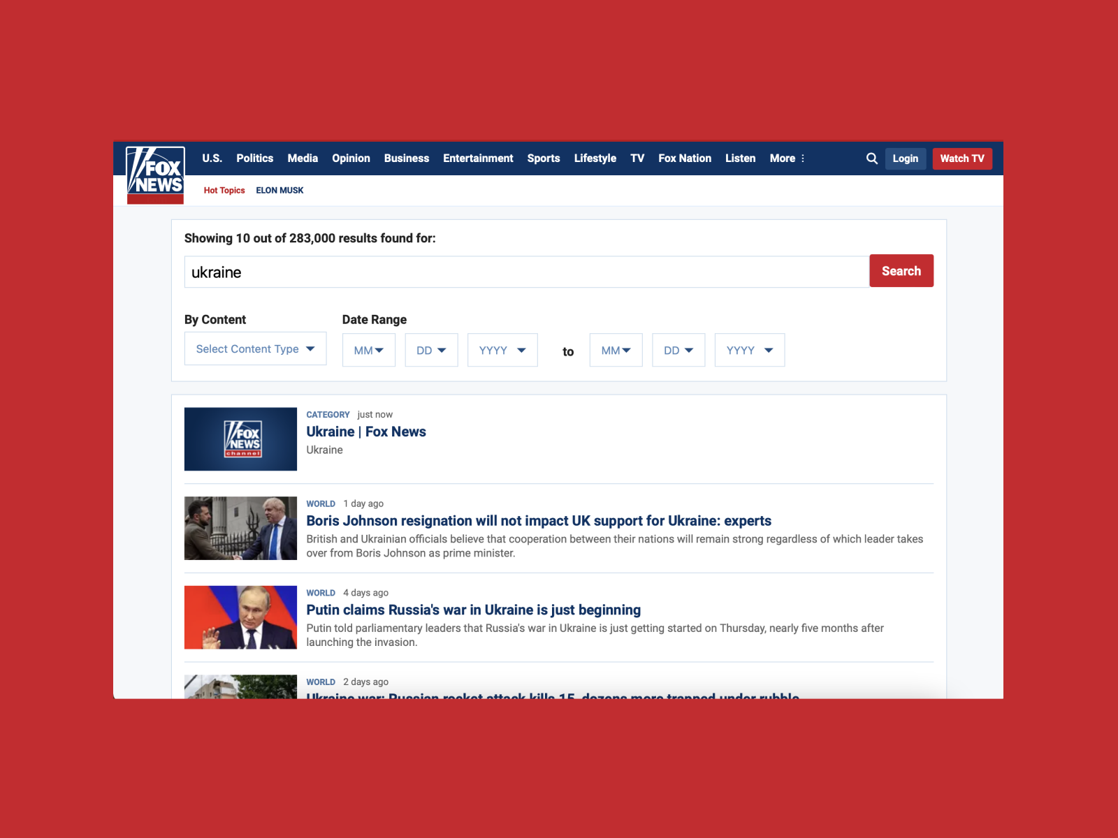 Example of Fox News`s search functionality