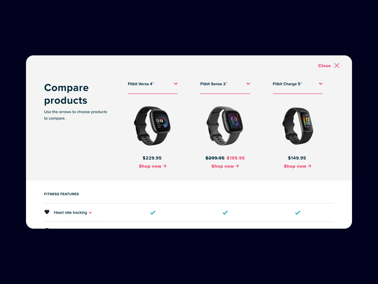 A product comparison page from Fitbit featuring proper usage of lines, icons, rows, and highlights